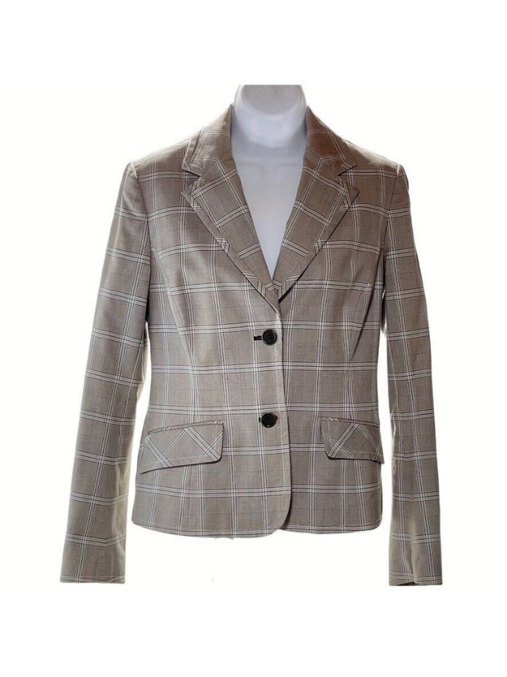Tommy Hilfiger Womens Plaid Blazer Size 4 Beige & White Cotton Blend With Pocket